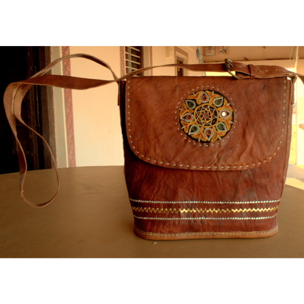 Leather handbag with zari work